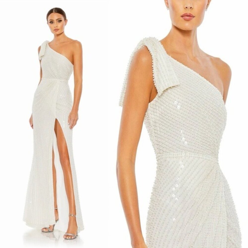 Mac Duggal White One-Shoulder Maxi Dress